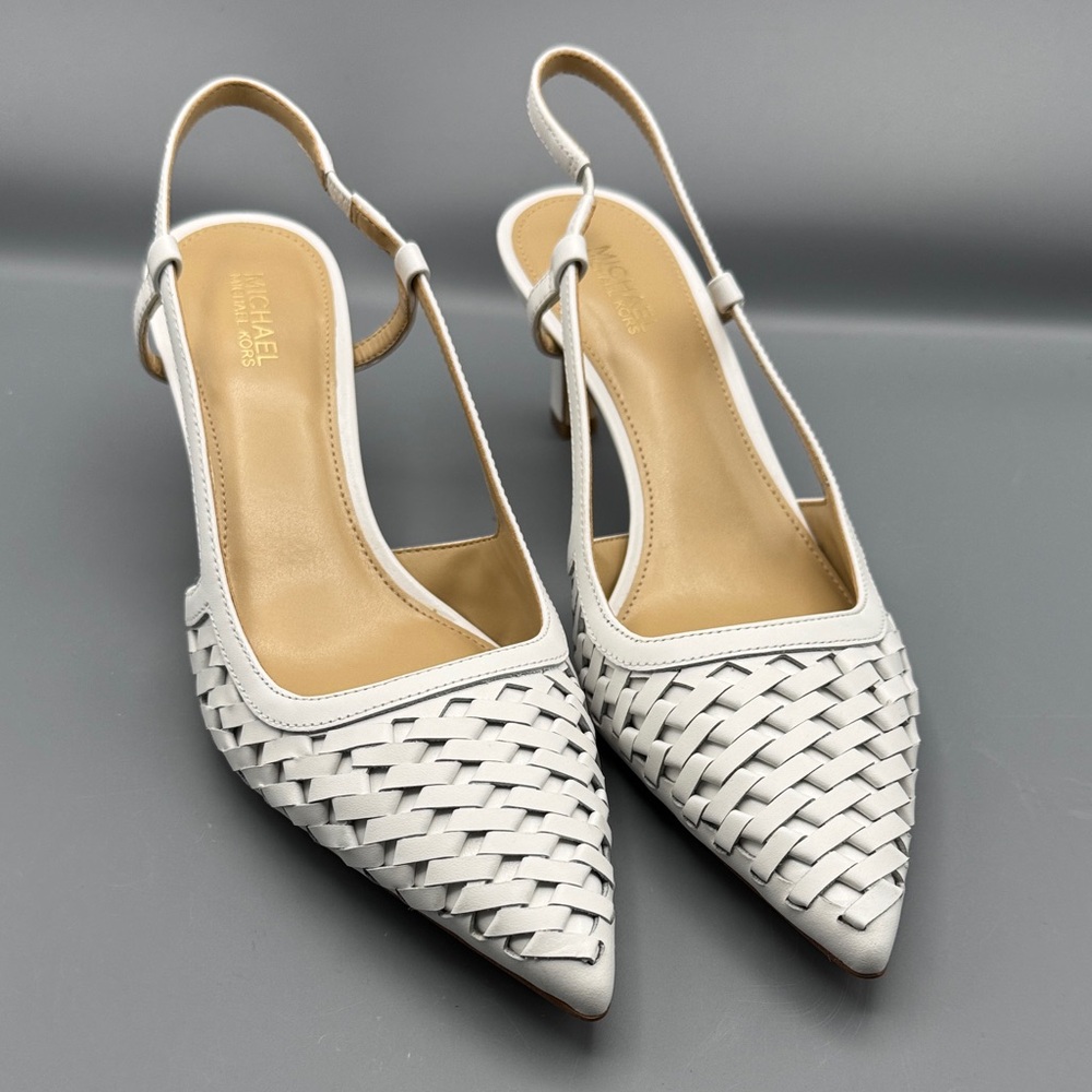 Michael Kors White Woven Pointed-Toe Slingback Heels